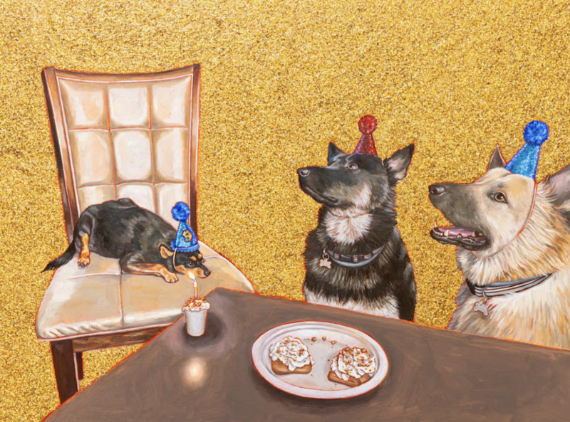 A playful painting by Jackie Liu titled Big Day for Small Dog features three dogs in birthday hats gathered around a table with desserts and a lit candle. The small dog lounges on a chair while the two larger dogs sit attentively, all set against a vibrant yellow background.
